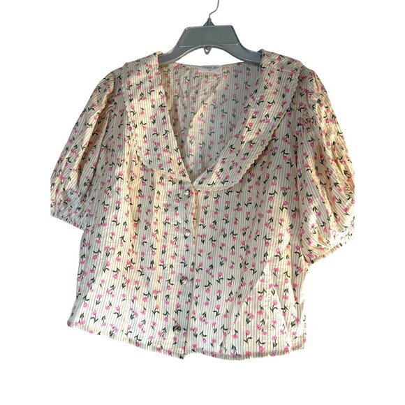 Sienna Sky Womens Top Crop Cream/Pink/Green Floral Short Sleeves V-Neck Collared - Picture 1 of 6